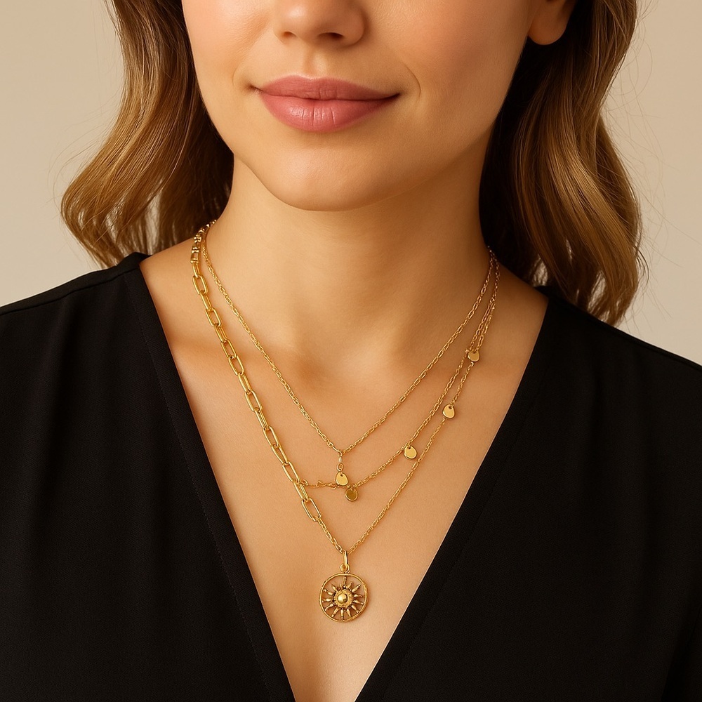 3-Layer Gold Statement Necklace with Sun Charm β Adjustable